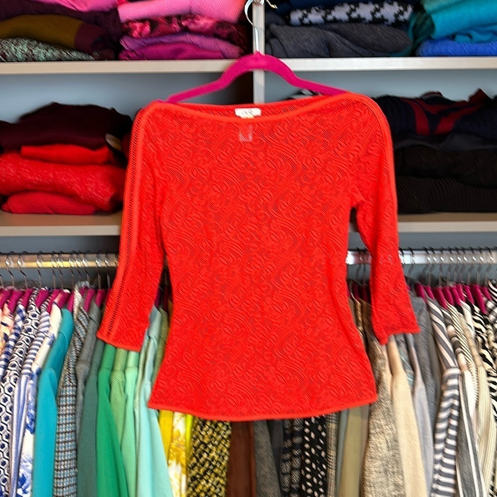 Cache red 3/4 quarter length sleeve lace boat neck top size XS